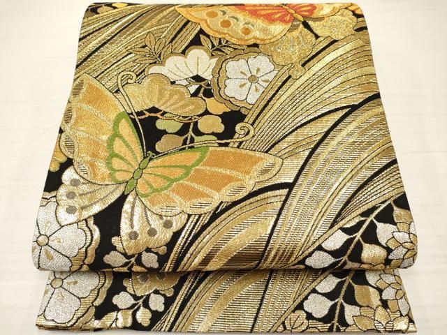 平和屋着物∵子供 両面 全通柄袋帯 流水花蝶文 金銀糸 ma