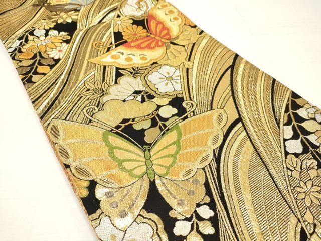 平和屋着物∵子供 両面 全通柄袋帯 流水花蝶文 金銀糸 ma