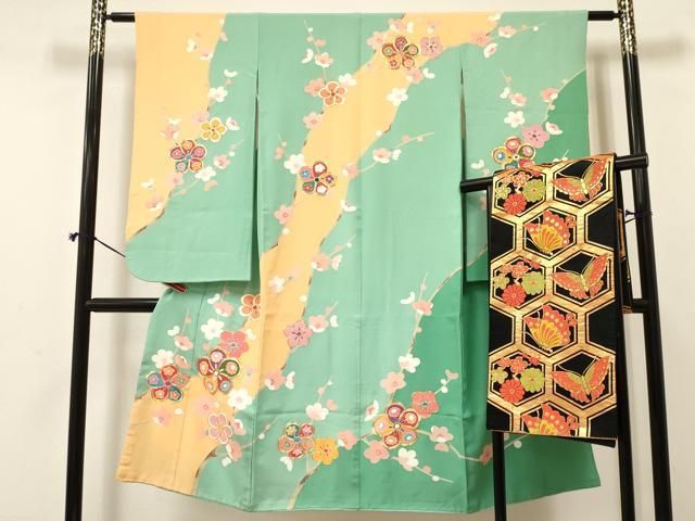 平和屋着物 七五三 女の子 ７歳 祝着 四つ身 袋帯セット 駒刺繍 枝梅花文 ma