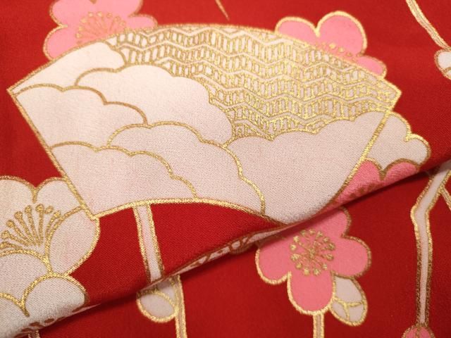  平和屋着物∵女の子 十三参り 子供 祝着 地紙吉祥枝梅文 金彩 洗える着物 ze 着物 着物ドレス 着物 浴衣 和小物