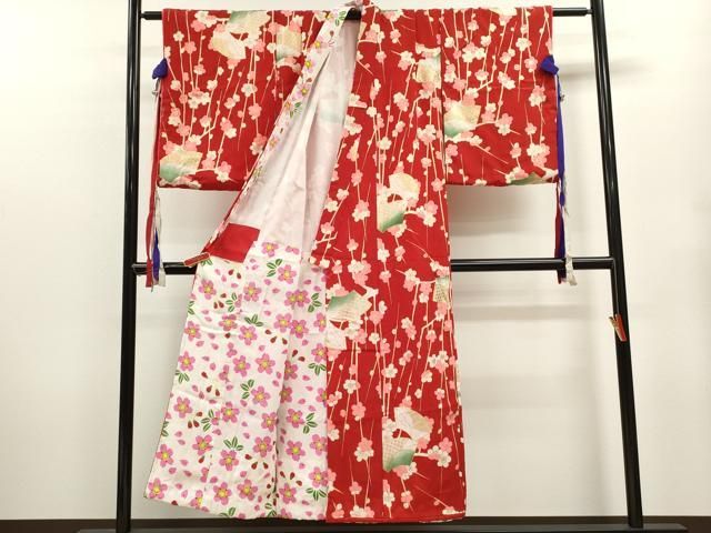 平和屋着物∵女の子 十三参り 子供 祝着 地紙吉祥枝梅文 金彩 洗える着物 ze