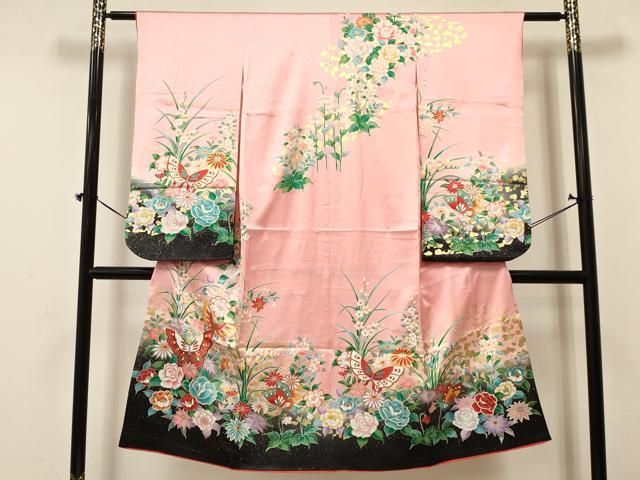 平和屋着物 七五三 女の子 ７歳 祝着 四つ身 袋帯セット 花蝶文 暈し染め 金彩 ma