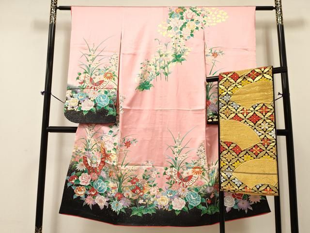 平和屋着物 七五三 女の子 ７歳 祝着 四つ身 袋帯セット 花蝶文 暈し染め 金彩 ma