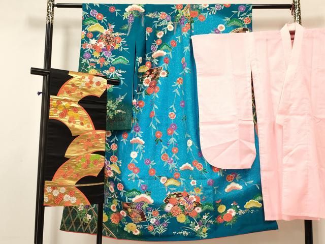 平和屋着物 七五三 女の子 ７歳 祝着 四つ身 襦袢 単衣 袋帯セット 地紙鞠花文 暈し染め 金彩 ma