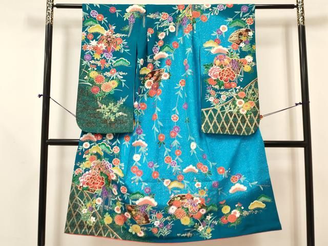 平和屋着物 七五三 女の子 ７歳 祝着 四つ身 襦袢 単衣 袋帯セット 地紙鞠花文 暈し染め 金彩 ma