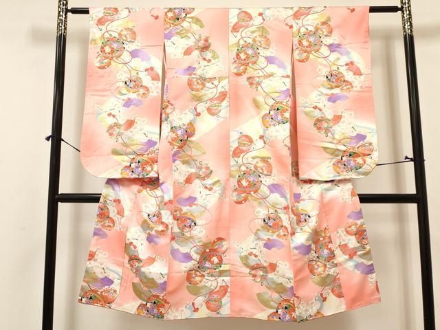 平和屋着物 七五三 女の子 ７歳 祝着 四つ身 長襦袢 無双仕立て 袋帯セット 扇面鞠花文 暈し染め 金彩 ma