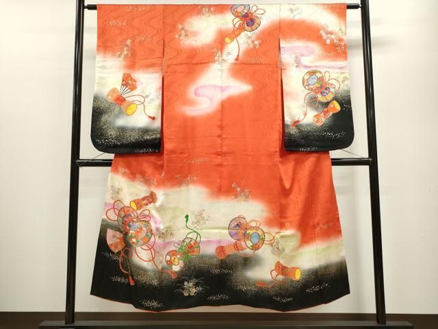 平和屋着物∵女の子 十三参り 子供 祝着 駒刺繍 鼓草花文 暈し染め 金銀彩 ze