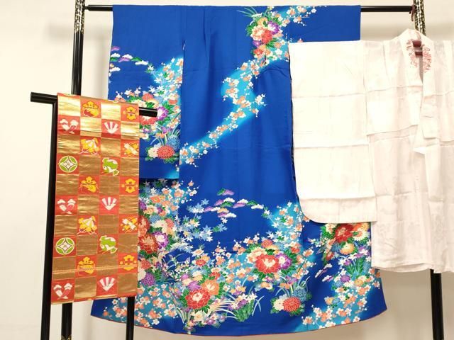 平和屋着物 七五三 女の子 ７歳 祝着 四つ身 襦袢 無双仕立て 袋帯セット 駒刺繍 花鳥文 暈し染め 金彩 ma