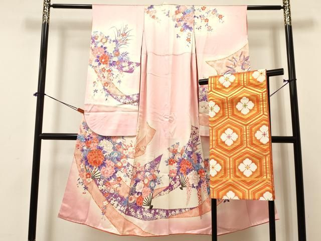 平和屋着物 七五三 女の子 ７歳 祝着 四つ身 袋帯セット 駒刺繍 熨斗扇面牡丹花文 暈し染め 金彩 ma