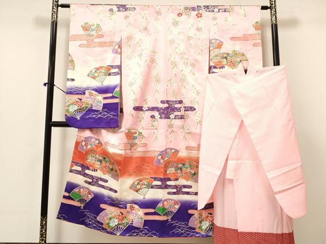 平和屋着物∵女の子 十三参り 子供 襦袢 単衣 セット 駒刺繍 エ霞扇面御所車花文 暈し染め 金銀彩 ma