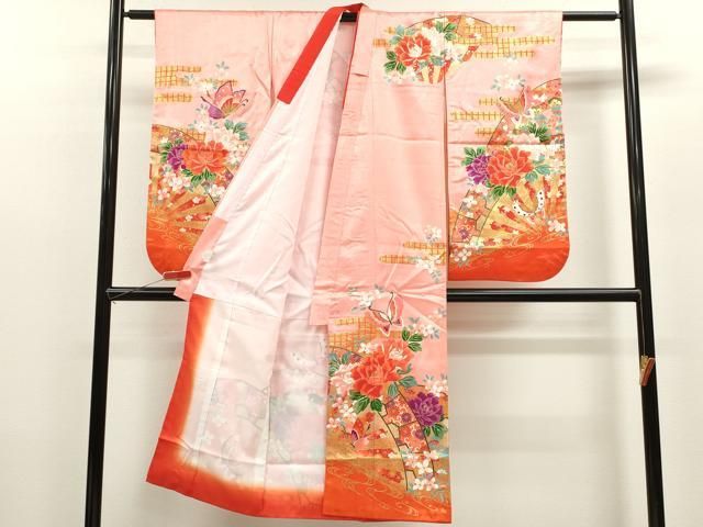 平和屋着物 七五三 女の子 ７歳 祝着 四つ身 片輪車舞蝶草花文 金彩 ze