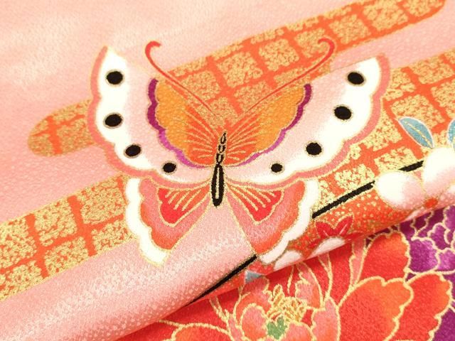  平和屋着物 七五三 女の子 ７歳 祝着 四つ身 片輪車舞蝶草花文 金彩 ze 着物 着物ドレス 着物 浴衣 和小物