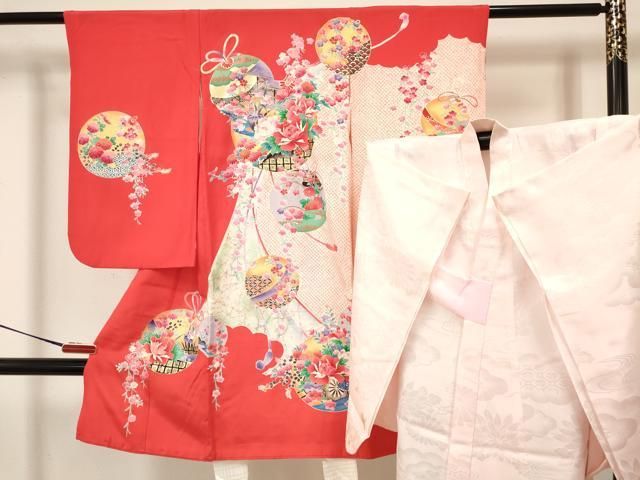 平和屋着物 七五三 女の子 ３歳 祝着 三つ身 長襦袢 袷 セット 鞠 風景花車文 金銀彩 ma