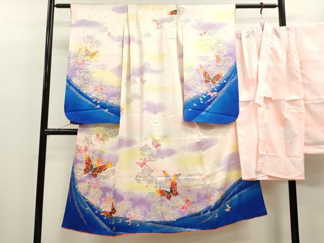 平和屋着物 七五三 女の子 ７歳 祝着 四つ身 長襦袢セット 舞蝶草花文 暈し染め 金銀彩 ze