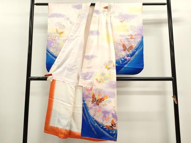 平和屋着物 七五三 女の子 ７歳 祝着 四つ身 長襦袢セット 舞蝶草花文 暈し染め 金銀彩 ze