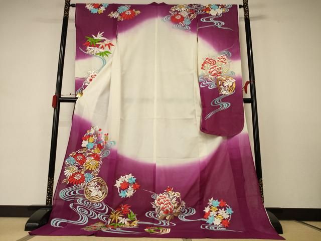 平和屋着物 夏物 引き振袖 刺繍 絽 流水草花丸文 暈し染め 洗える着物 jd