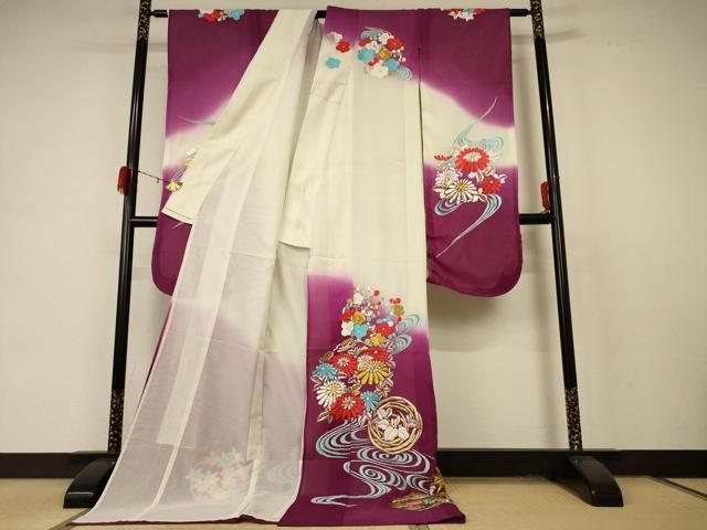 平和屋着物 夏物 引き振袖 刺繍 絽 流水草花丸文 暈し染め 洗える着物 jd