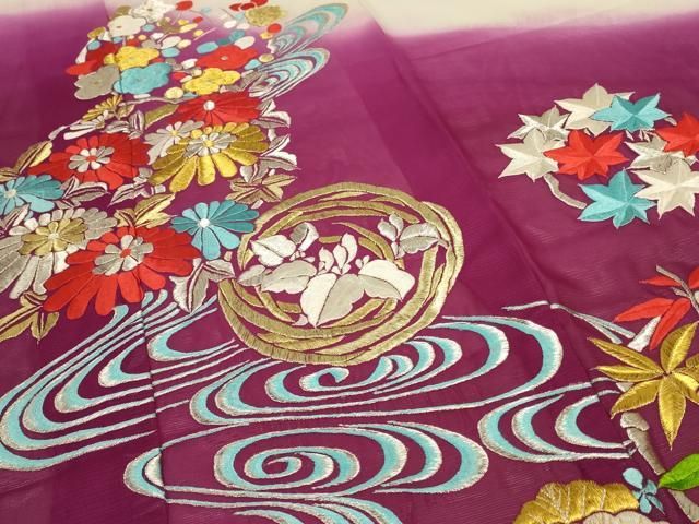  平和屋着物 夏物 引き振袖 刺繍 絽 流水草花丸文 暈し染め 洗える着物 jd 振袖 着物