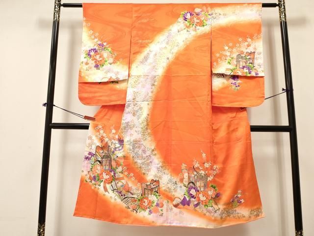 平和屋着物 七五三 女の子 ７歳 祝着 四つ身 襦袢付き 御所車鴛鴦花文 暈し染め 金彩 ma