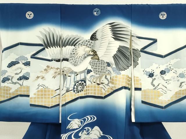平和屋着物 お宮参り 男の子 祝着 産着 初着 のしめ 鷹 屏風草花文 金彩 ze