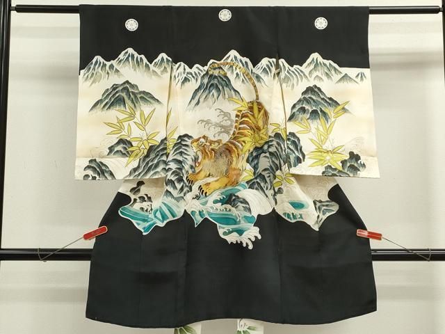 平和屋着物 お宮参り 男の子 祝着 産着 初着 のしめ 刺繍 虎 立波笹文 金彩 ze