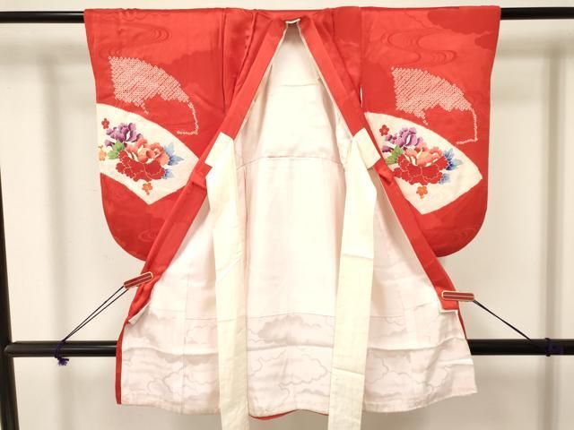 平和屋着物 七五三 女の子 ３歳 祝着 三つ身 襦袢付き 絞り 扇面鴛鴦花文 金彩 ma