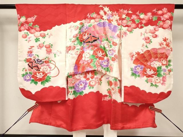 平和屋着物 七五三 女の子 ３歳 祝着 三つ身 襦袢付き 檜扇糸車花文 金彩 ma