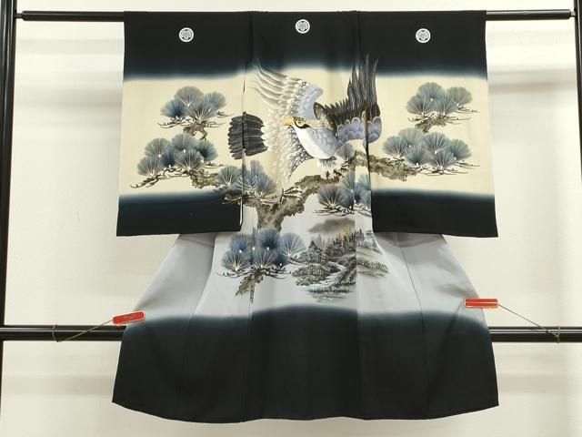 平和屋着物 七五三 男の子 祝着 手描き 鷹 枝松文 暈し染め 黒地 金彩 ze