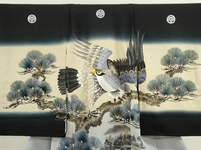平和屋着物 七五三 男の子 祝着 手描き 鷹 枝松文 暈し染め 黒地 金彩 ze
