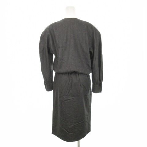 アクリス AKRIS ヴィンテージ ワンピース ひざ丈 長袖 金ボタン 肩パッド ウール カシミア混 大きいサイズ 42 XL グレー AH 21 GY 44