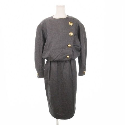 アクリス AKRIS ヴィンテージ ワンピース ひざ丈 長袖 金ボタン 肩パッド ウール カシミア混 大きいサイズ 42 XL グレー AH 21 GY 44