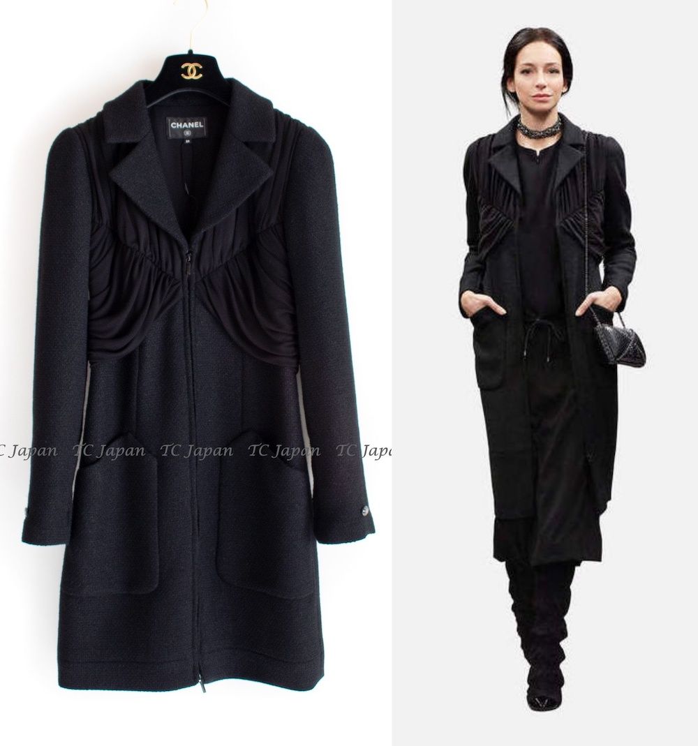 シャネル コート CHANEL ブラック ジッパー ウール ドレープ