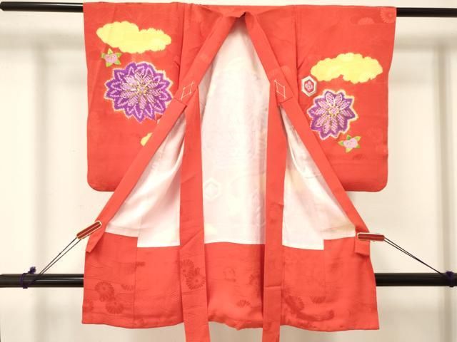 平和屋着物 七五三 女の子 ３歳 祝着 三つ身 駒刺繍 絞り 雲取り陶器花文 金銀糸 ma