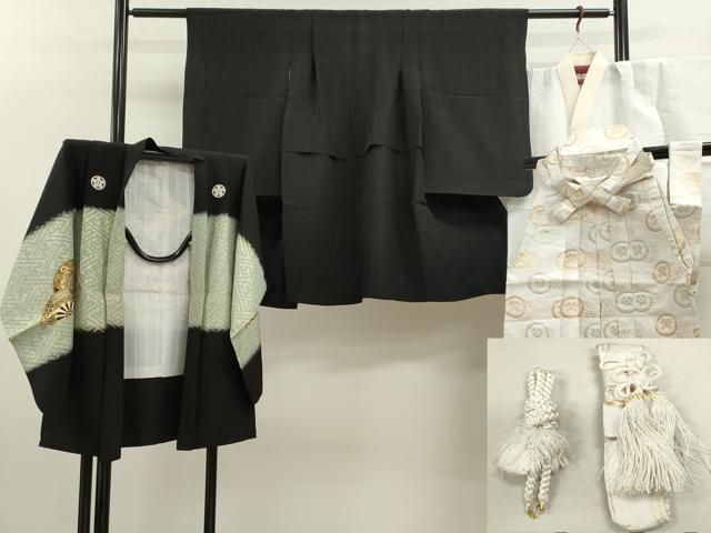 平和屋着物 七五三 男の子 祝着 羽織 長襦袢 袴 小物セット 鷹 片輪車文 黒地 金彩 ze