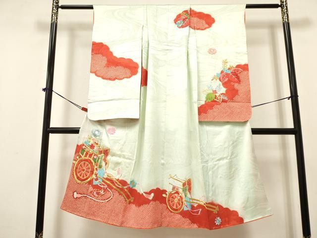 平和屋着物 七五三 女の子 ７歳 祝着 四つ身 駒刺繍 絞り 御所車桐花文 金銀糸 ma