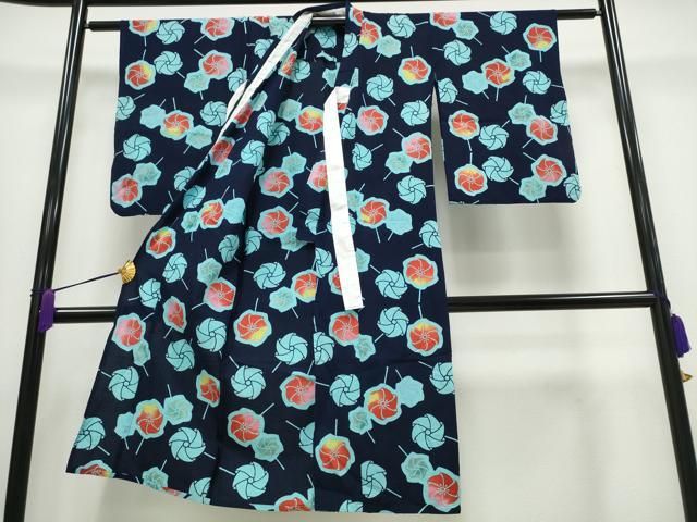 平和屋着物∴夏物 浴衣 子供 女の子 風車 綿 ng