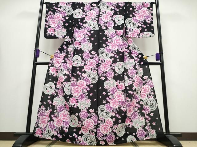 平和屋着物∴夏物 浴衣 レースハート 牡丹花文 黒地 綿 ng
