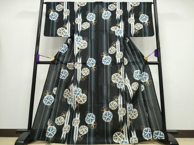 平和屋着物∴夏物 浴衣 綿紅梅 朝顔 アサガオ 黒地 金彩 綿 ng