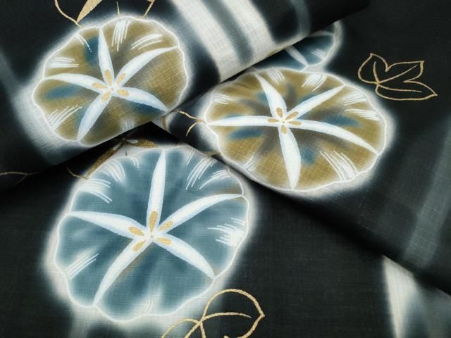 平和屋着物∴夏物 浴衣 綿紅梅 朝顔 アサガオ 黒地 金彩 綿 ng