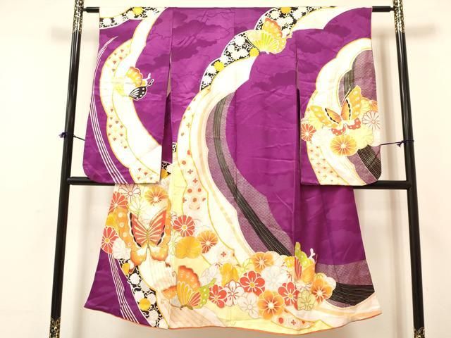 平和屋着物 七五三 女の子 ７歳 祝着 四つ身 長襦袢 単衣 セット 駒刺繍 花蝶文 金彩 ma