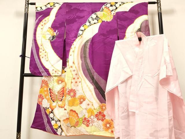 平和屋着物 七五三 女の子 ７歳 祝着 四つ身 長襦袢 単衣 セット 駒刺繍 花蝶文 金彩 ma