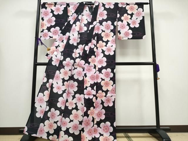  平和屋着物∴夏物 浴衣 綿紅梅 流水舞梅文 綿 ng 浴衣単品 浴衣