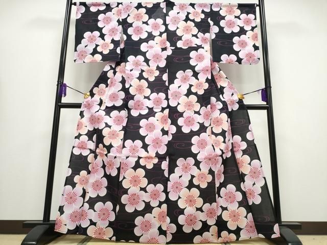 平和屋着物∴夏物 浴衣 綿紅梅 流水舞梅文 綿 ng