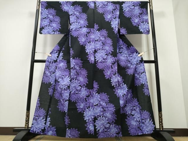 平和屋着物∴夏物 浴衣 綿紅梅 菊文 ラメ糸 黒地 綿 ng