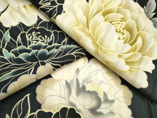 平和屋着物∴夏物 浴衣 牡丹 黒地 金彩 綿 ng