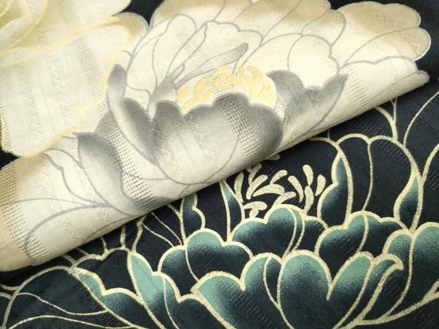 平和屋着物∴夏物 浴衣 牡丹 黒地 金彩 綿 ng 洗濯機対応 浴衣単品 