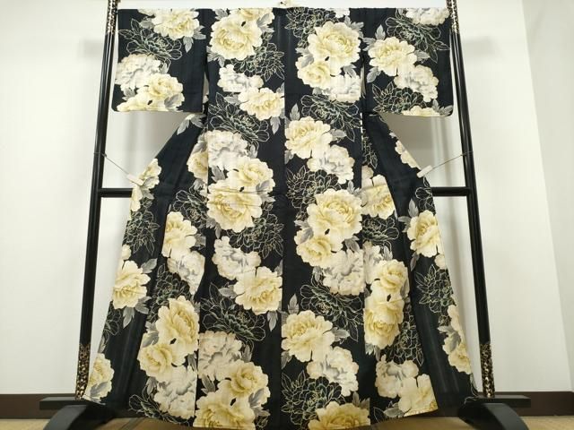 平和屋着物∴夏物 浴衣 牡丹 黒地 金彩 綿 ng