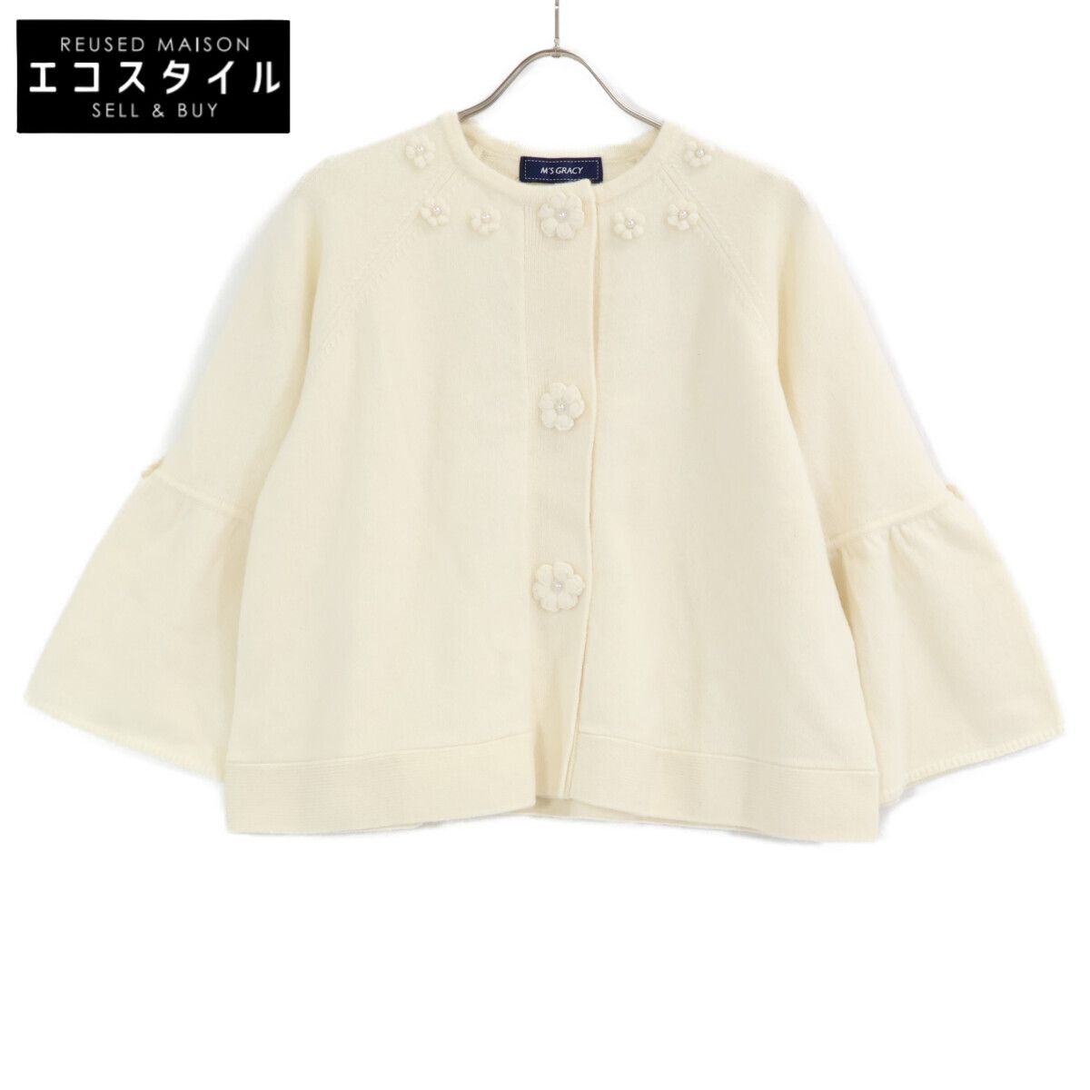 M S GRACY エムズグレイシー GL 318627 ﾍﾞｰｼﾞｭ ｳｰﾙ ﾅｲﾛﾝ ﾌﾗﾜｰﾓﾁｰﾌ ﾌﾚｱｽﾘｰﾌﾞﾆｯﾄｶｰﾃﾞｨｶﾞﾝ 38