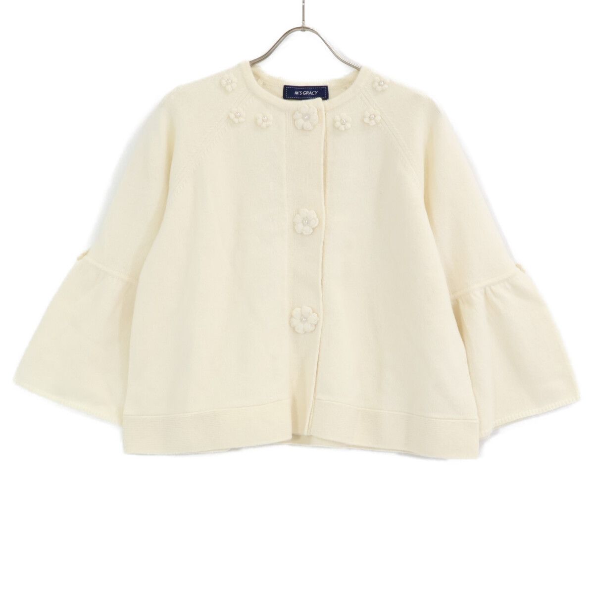 M S GRACY エムズグレイシー GL-318627 ﾍﾞｰｼﾞｭ ｳｰﾙ×ﾅｲﾛﾝ ﾌﾗﾜｰﾓﾁｰﾌ ﾌﾚｱｽﾘｰﾌﾞﾆｯﾄｶｰﾃﾞｨｶﾞﾝ 38