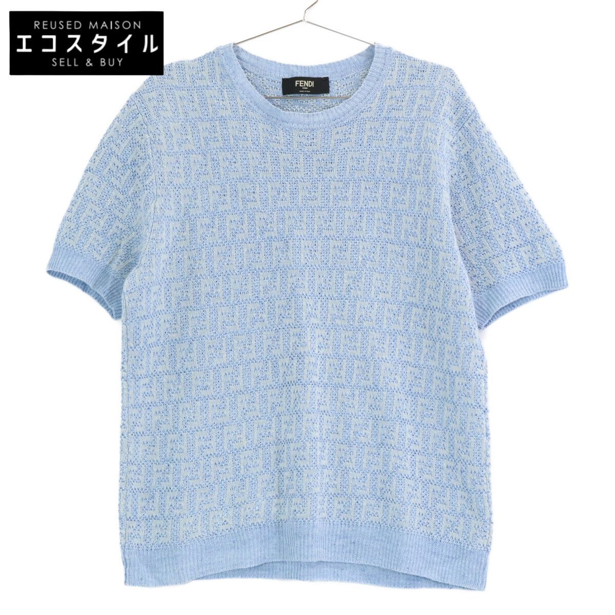 FENDI フェンディ 22年製 FZY 443 AO 5 J ﾗｲﾄﾌﾞﾙｰ ﾘﾈﾝ×ｺｯﾄﾝ×ｼﾙｸ FF総柄 ｼｮｰﾄｽﾘｰﾌﾞﾆｯﾄﾌﾟﾙｵｰﾊﾞｰ 50